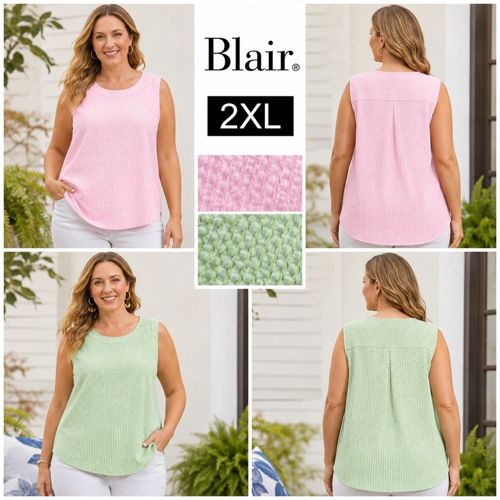 Blair Womens 2XL Tank Top‎ Lot 2 Pink Green Seersucker Textured Knit Sleeveless